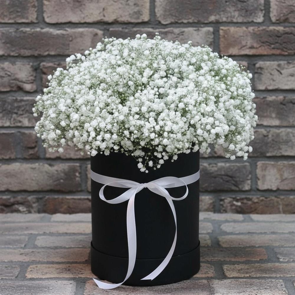 Цветочная композиция из Гипсофила в шляпной коробке в Кадуе