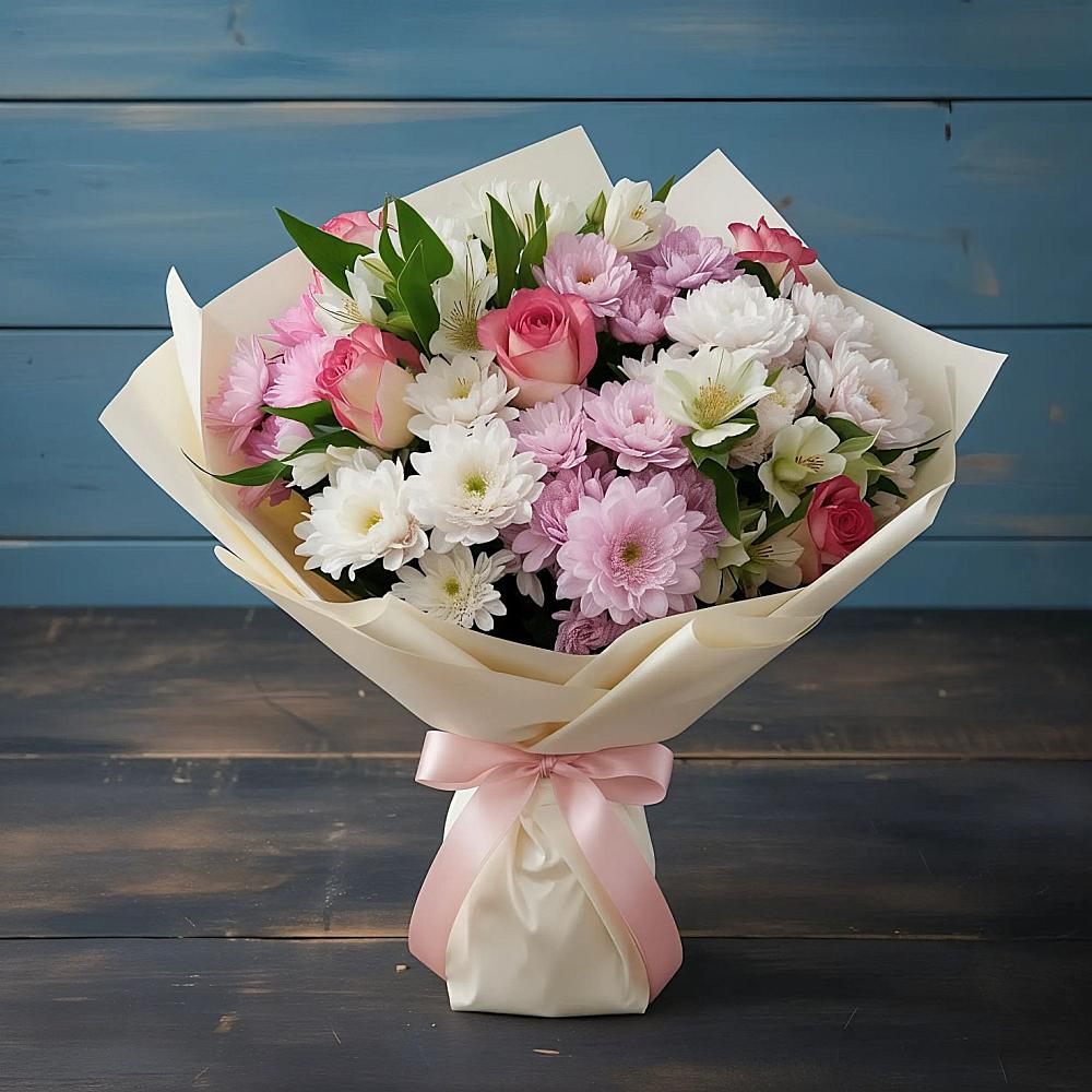 Букет цветов из: Хризантемы, Альстромерии и Розы в Кадуе